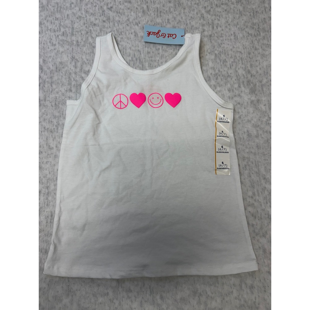 Cat & Jack Girls White Tank Top Neon Pink Peace Heart Smiley Face Size S 6/7 NWT